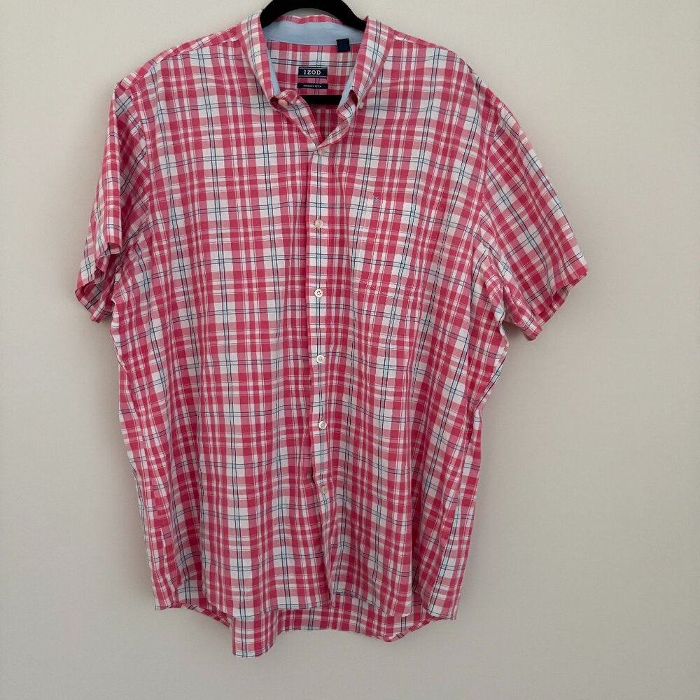 Izod Men's Short sleeve Button-Down Shirt Pink Plaid Pattern Non-Iron Preppy XXL